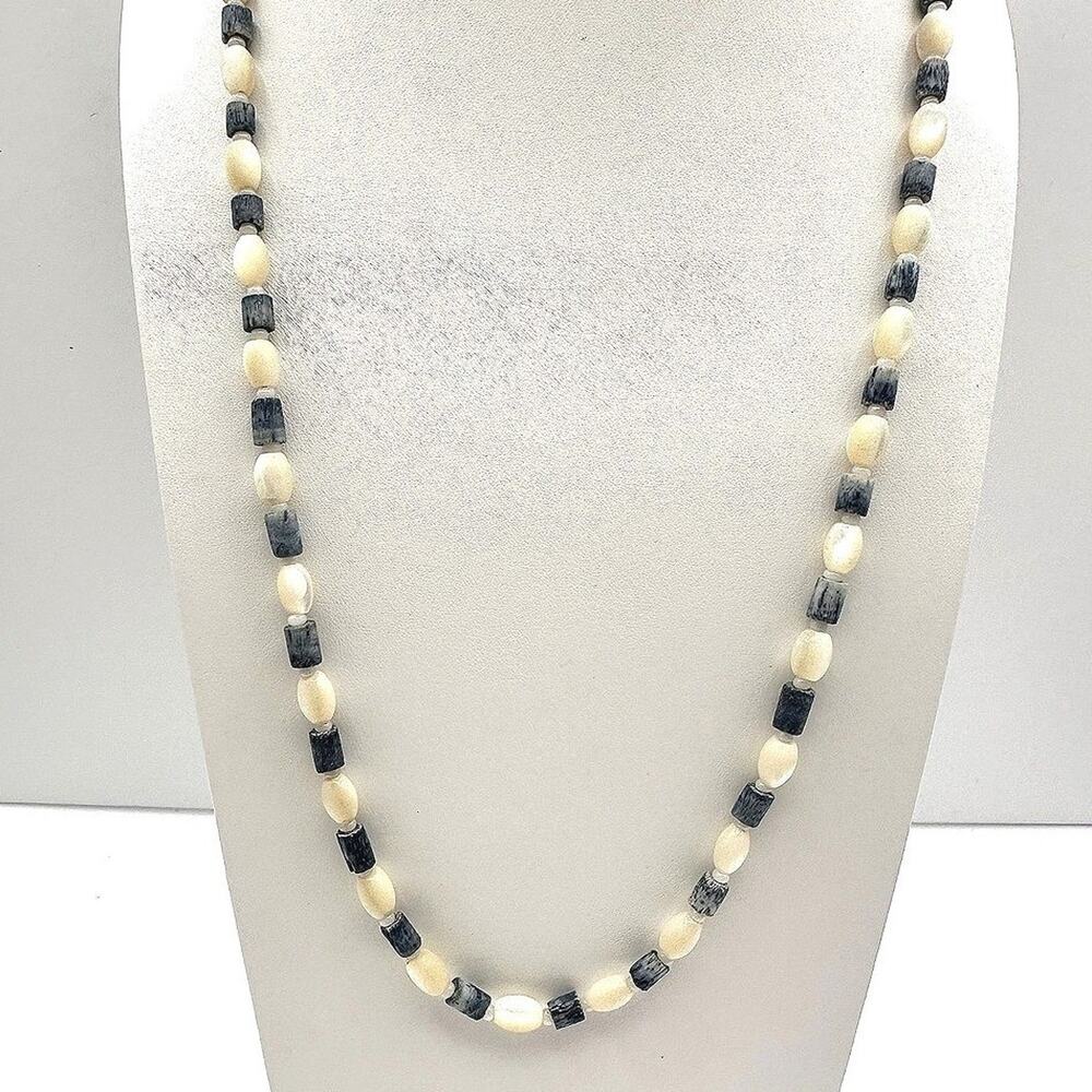 Vintage Jewelry Blue & Cream Beaded Necklace Long Statement Boho Fashion Retro